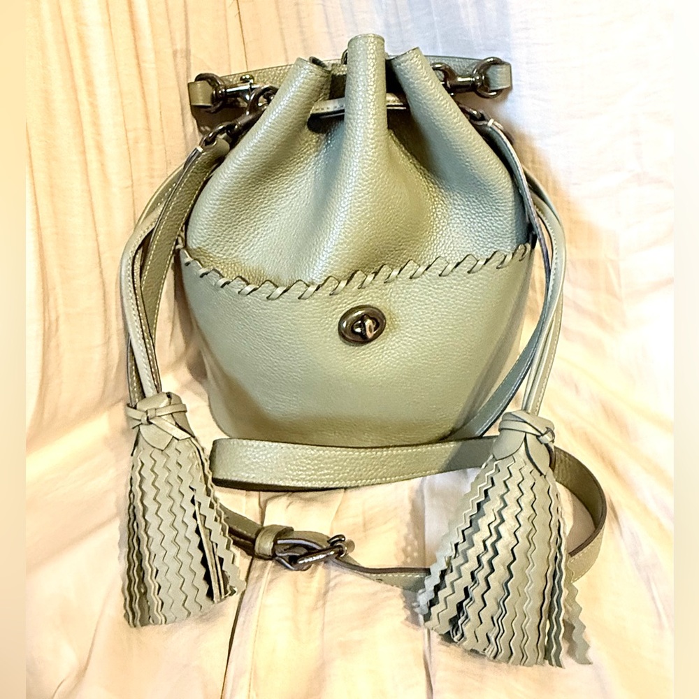 COACH Lora Bucket Bag - Fern Green Leather with Whipstitch Detail